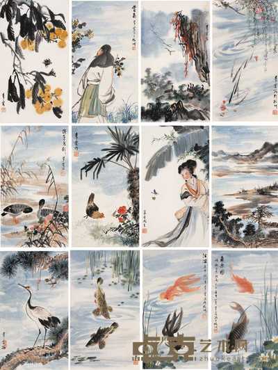 吴青霞 1980年作 人物花鸟册 册页(十二开) 40.5×23cm×12